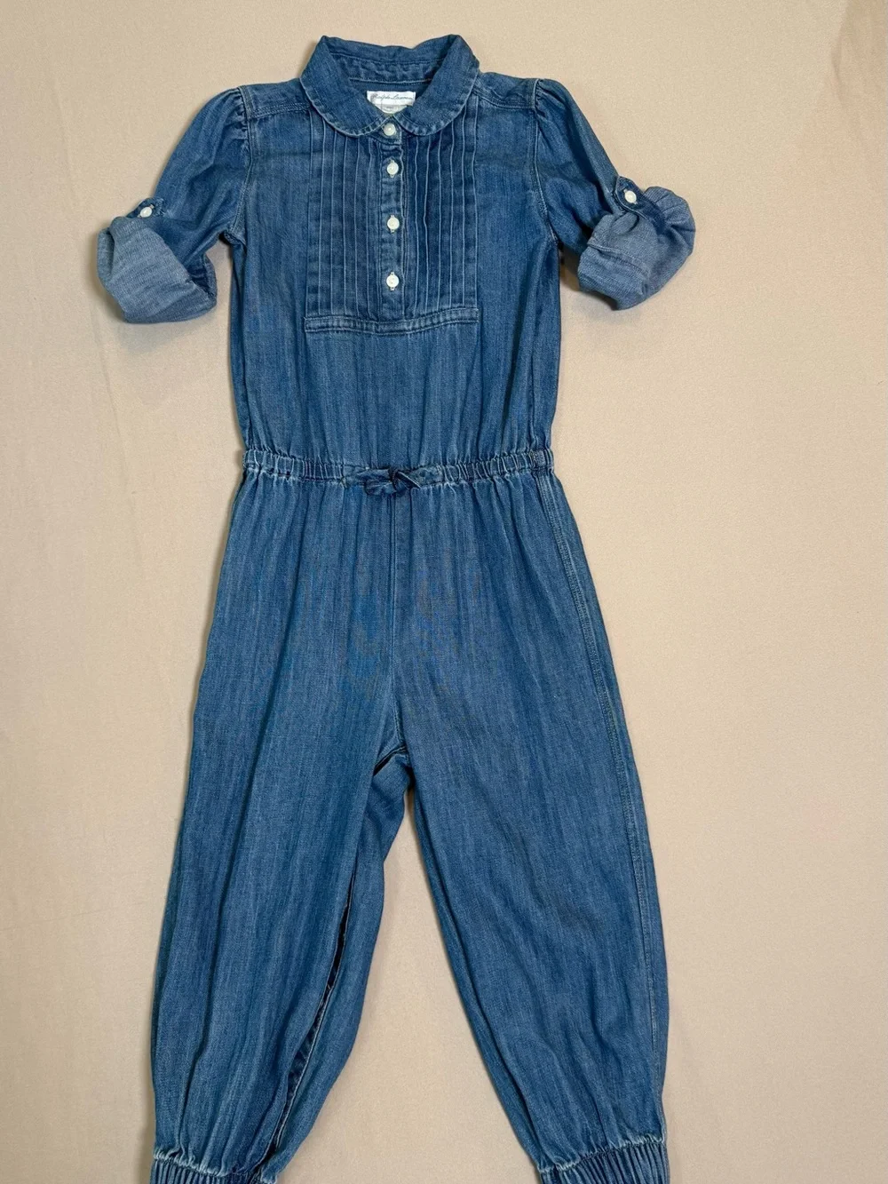 Ralph Lauren Blue Denim Long-Sleeve Girls' Jumpsuit, Size 24 Months.